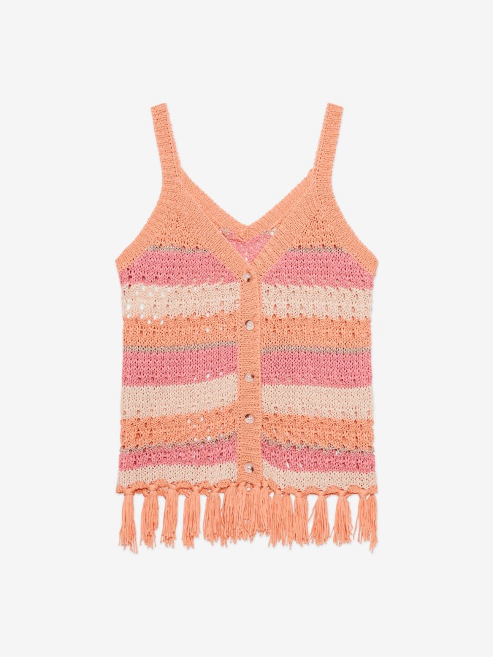 Women’s Crochet Stripe Fringe Tank Top - Peach & Pink